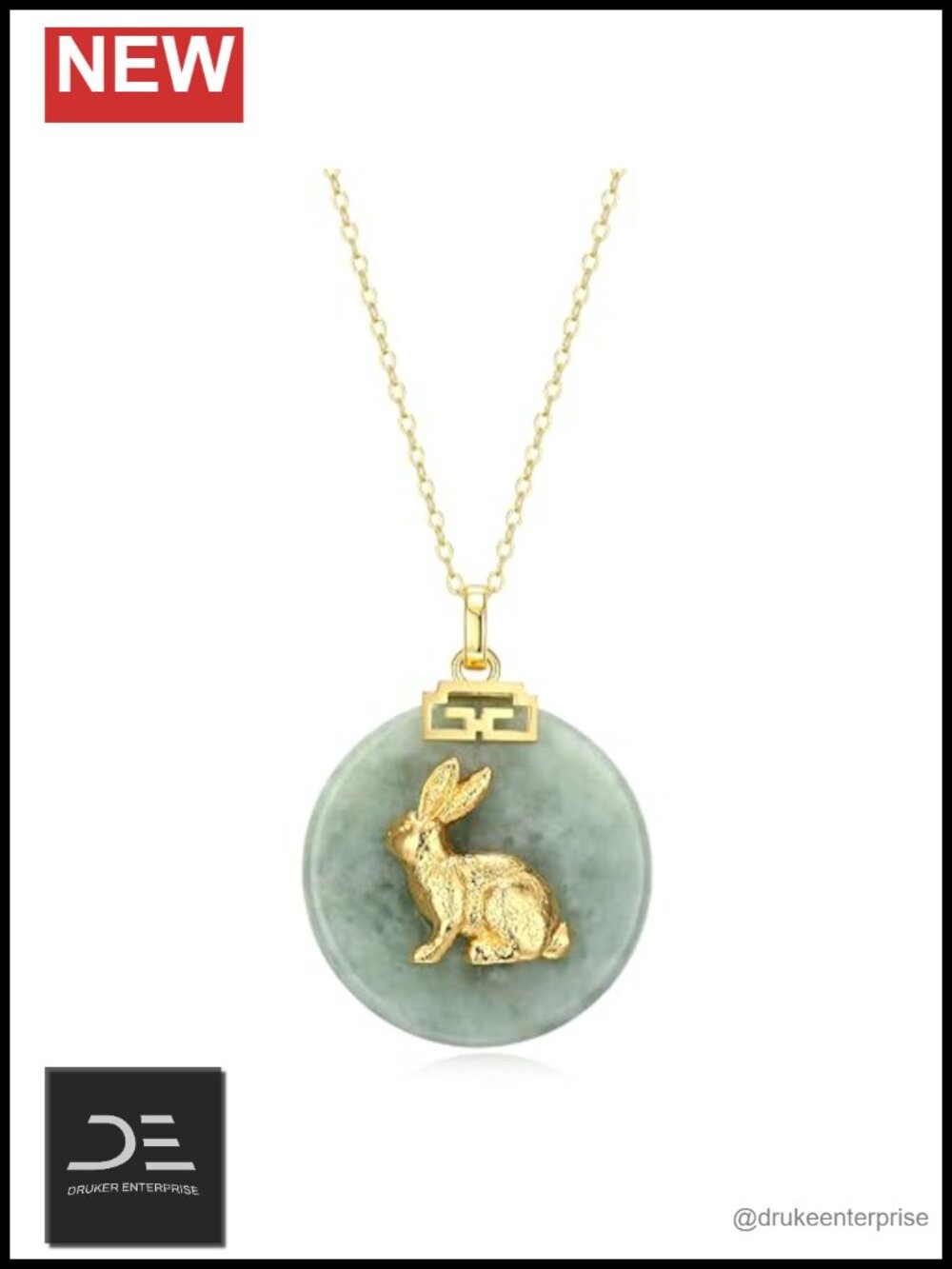18K Gold Plated Sterling Silver Rabbit Zodiac Jade Pendant Necklace 20in